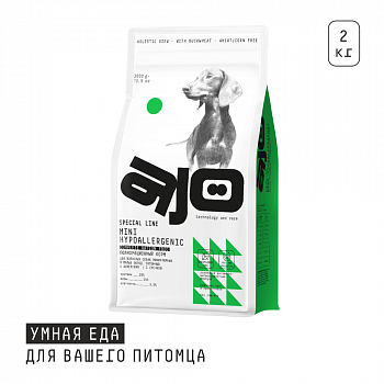 AJO Dog Mini Hypoallergenic Сухой полнорационный корм с гречкой для взрослых собак миниатюрных и малых пород, склонных к аллергиям 2 кг