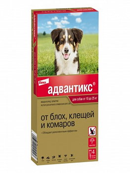 Bayer АДВАНТИКС Капли для собак 10-25кг от блох, клещей и комаров 4пипетки*2,5мл