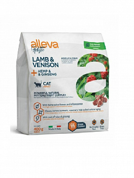 ALLEVA HOLISTIC Корм сухой для взрослых кошек с ягненком и олениной, коноплей и женьшененм 0,4 кг