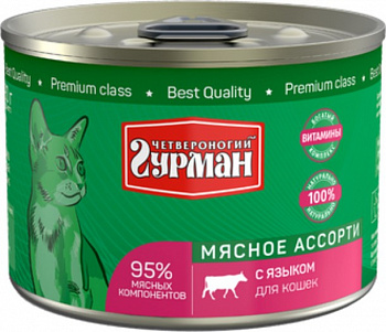 Четвероногий Гурман консервы для кошек Мясное ассорти с Языком 190г