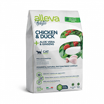 ALLEVA HOLISTIC Корм сухой для взрослых кошек с курицей и уткой, алое вера и женьшенем 1,5 кг