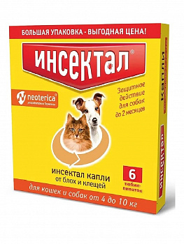 Экопром N112 Инсектал Капли для кошек и собак 4-10кг от блох и клещей 6пипеток